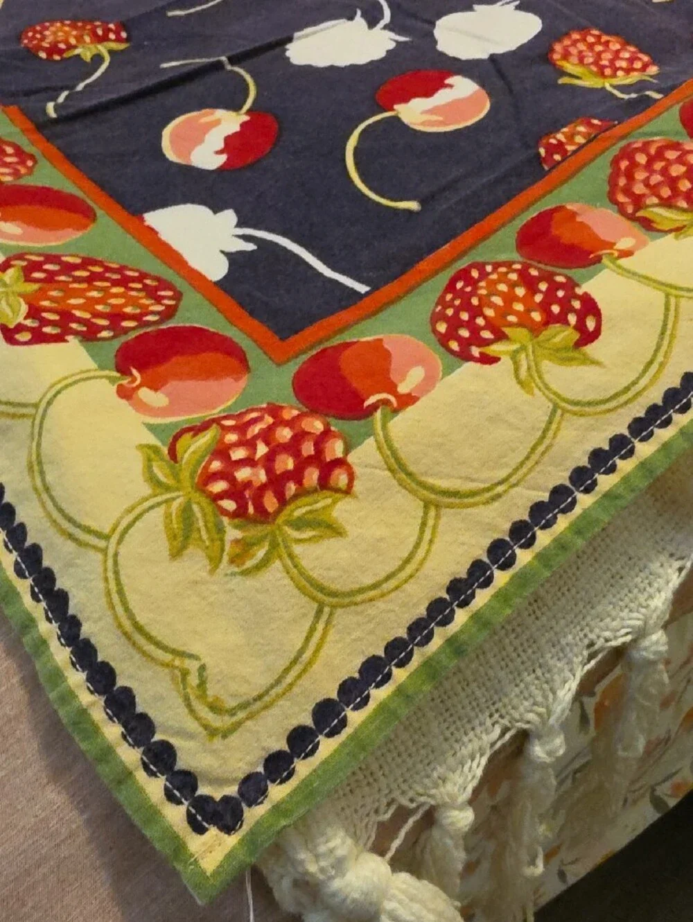 Vintage Navy Strawberry & Cherry Print Decorative Tablecloth